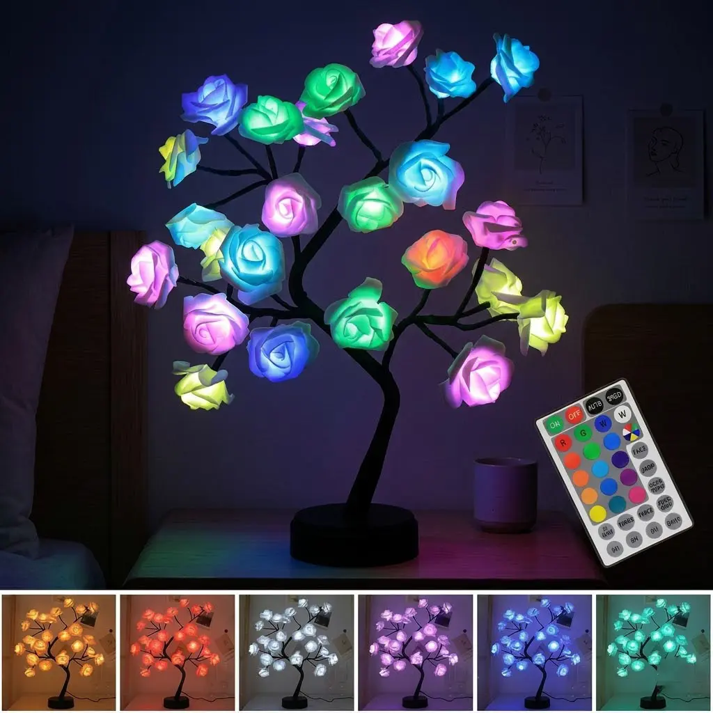 RGB LED Rose Flower Tree Lamp - Remote Control, Upgraded Chip, Timer, USB/Battery Powered, Dimmable, RGB Night Light, Indoor Table Lamp, Camping Lantern, Romantic Gift for Her, Housewarming Decor, Indoor Use, Aesthetic Table Lamp