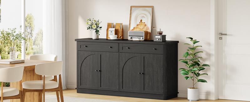 【Valentine's Day Gift】ONBRILL 63 Inch Buffet Cabinet with Storage, Curved Sideboard Cabinet with 2 Drawers and 4 Arched Doors, Storage Cabinets with Adjustable Shelves, Sideboard Buffet for Living Room, Kitchen