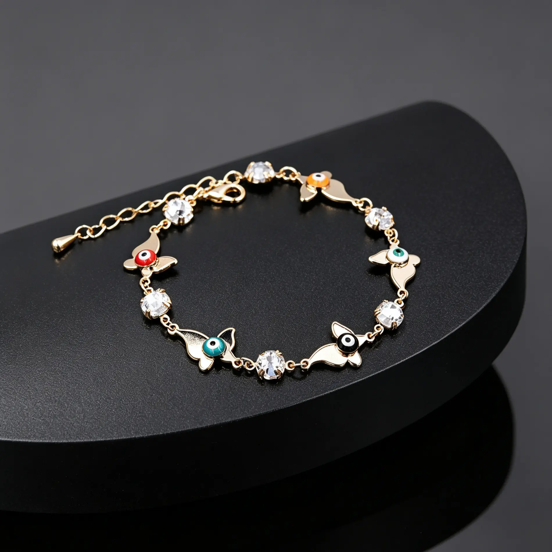 Colorful Evil Eye & Butterfly Anklet Bracelet for Women | Adjustable Gold Chain with Sparkly Rhinestone Charms