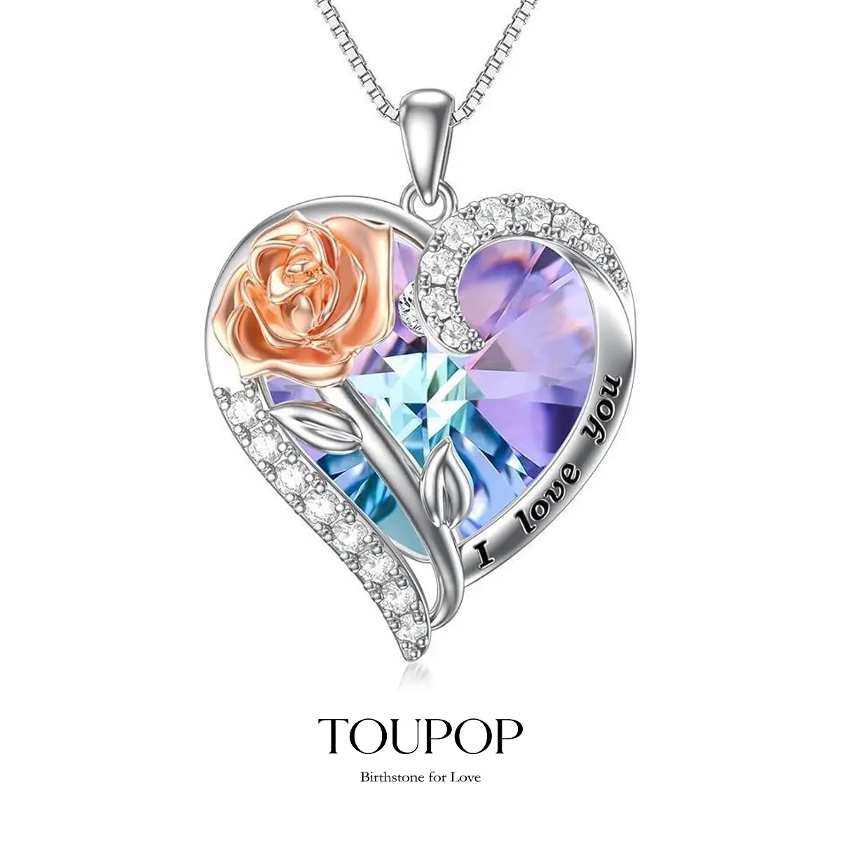 TOUPOP Women's 925 Sterling Silver Birthstone Necklace, Heart-Shape Rose Flower Crystal Pendant with Box Chain, Romantic Gifts for Her (Birthday Christmas), Womens Gifts