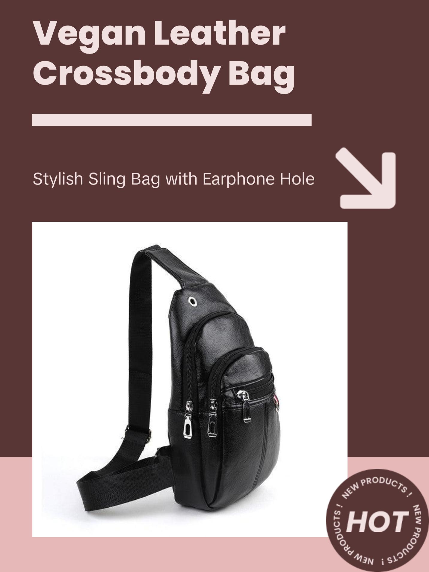 Versatile Vegan Leather Crossbody Sling Bag with Earphone Hole - Hands-Free Music