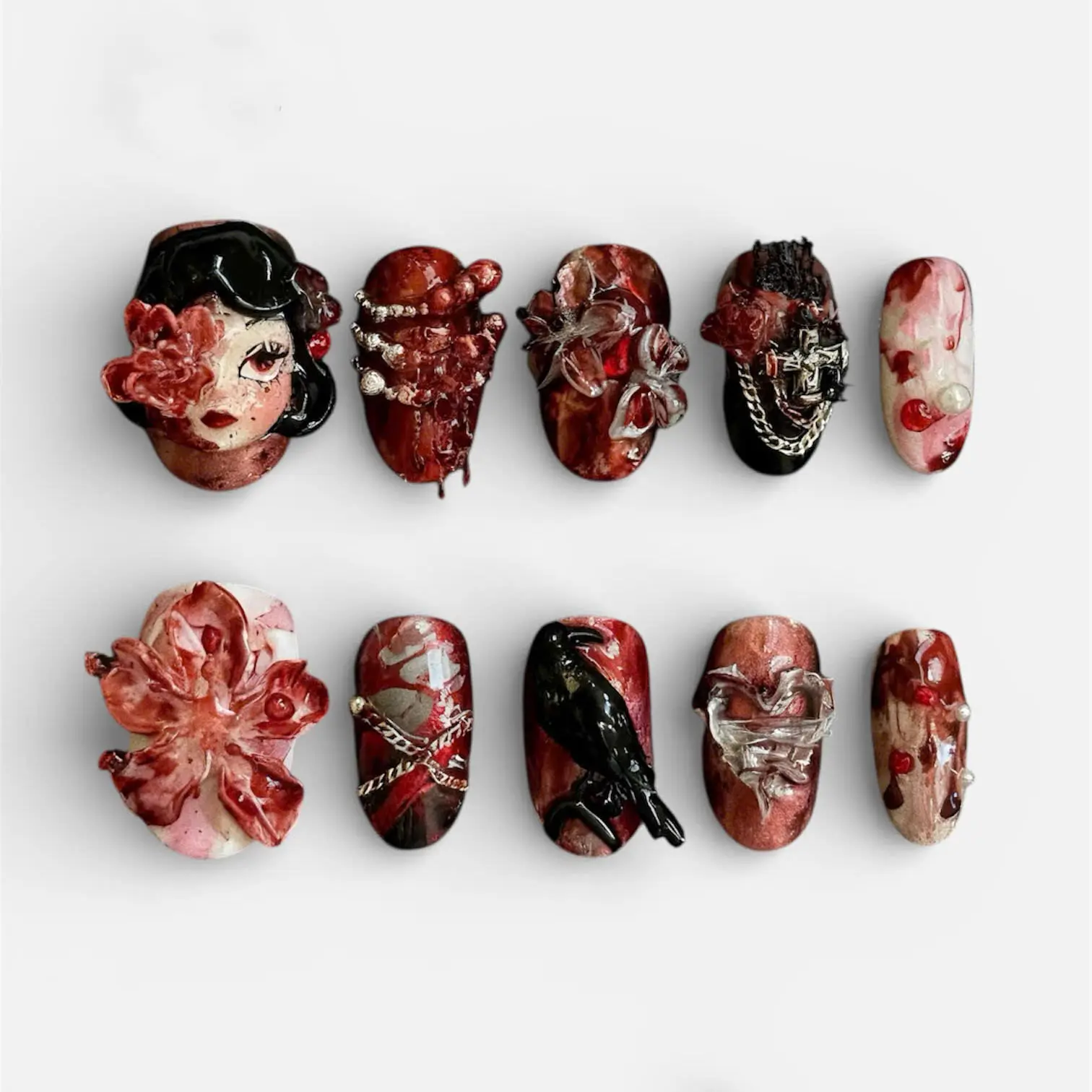 Dark Gothic Art Press On Nails Handmade 3D Statement Nails Luxury Long Set
