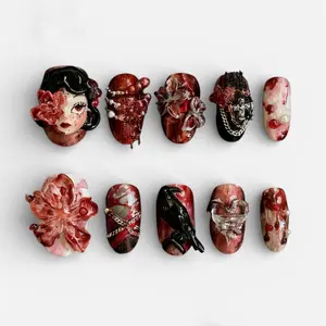 Dark Gothic Art Press On Nails Handmade 3D Statement Nails Luxury Long Set