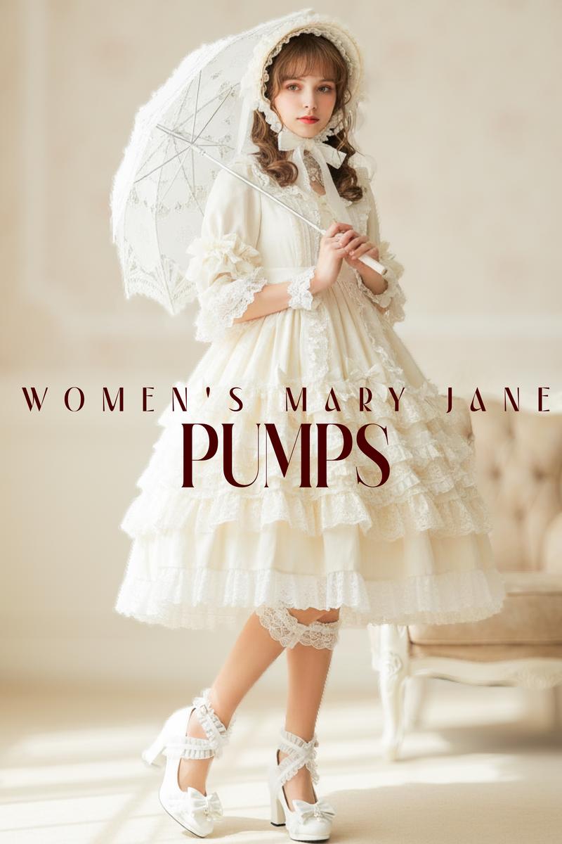 Womens Platform Mary Jane Pumps Round Toe Chunky Block Heels Ruffle Lace Cross Adjustable Ankle Buckle Strap Pearl Bow Knot Gifts for Women Party Cosplay Cute Valentine Lolita Shoes