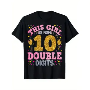 Girls' 10th Birthday Party Outfit - "This Girl Is Now 10 Double Digits" Glittery Golden & Pink Print T-Shirt |   Soft Cotton Round Neck Short Sleeve |   Machine Washable Comfort Fit |   10 Years Celebration Gift with Confetti & Number 10 Design