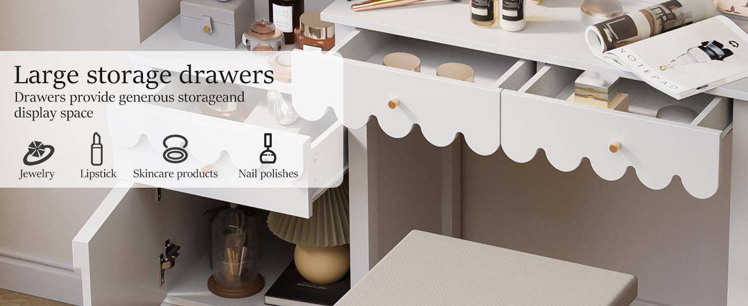 Makeup Vanity Desk With 3 Color Touch Screen Lighted Sliding Mirror, Scalloped Large Vanity Table Set with Storage & Drawers Fluted Petal Pattern Dressing Table with Cushioned Stool for Bedroom Makeup Vanity Desk With 3 Color Touch Screen Lighted Sliding Mirror, Scalloped Large Vanity Table Set with Storage & Drawers Fluted Petal Pattern Dressing Table with Cushioned Stool for Bedroom