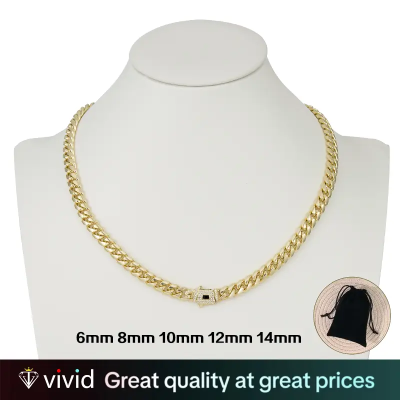 14K MiaMi CubanChain Necklace with lced Out CZ Clasp gold-plated Stainless Steel Hip Hop Punk Jewelry for Men and Women 6mm-14mm gifts for boys and girls