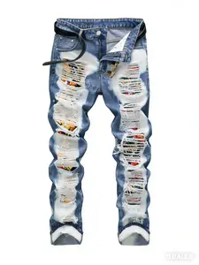 Men's Versatile And Fashionable Street Straight Tube Slim Fit Perforated Patch Casual Jeans-#3 Top Rated Local Warehouse Storein Men's Jeans-3544