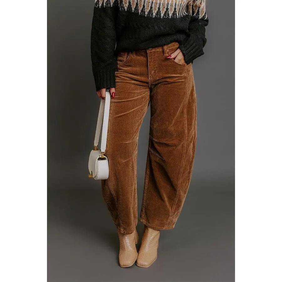 RISEN Cora High Waist Corduroy Barrel Leg Pants in Chocolate