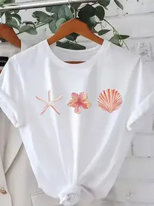 Women's Casual Short Sleeve T-Shirt - Seashell & Starfish Print Summer Vacation Top, Relaxed Fit Round Neck, Soft Stretch Fabric, Machine Washable, Plus Size Available, Beach T Shirt, Summer Clothing, Floral Design Shirt, Nontransparent Material, Holiday