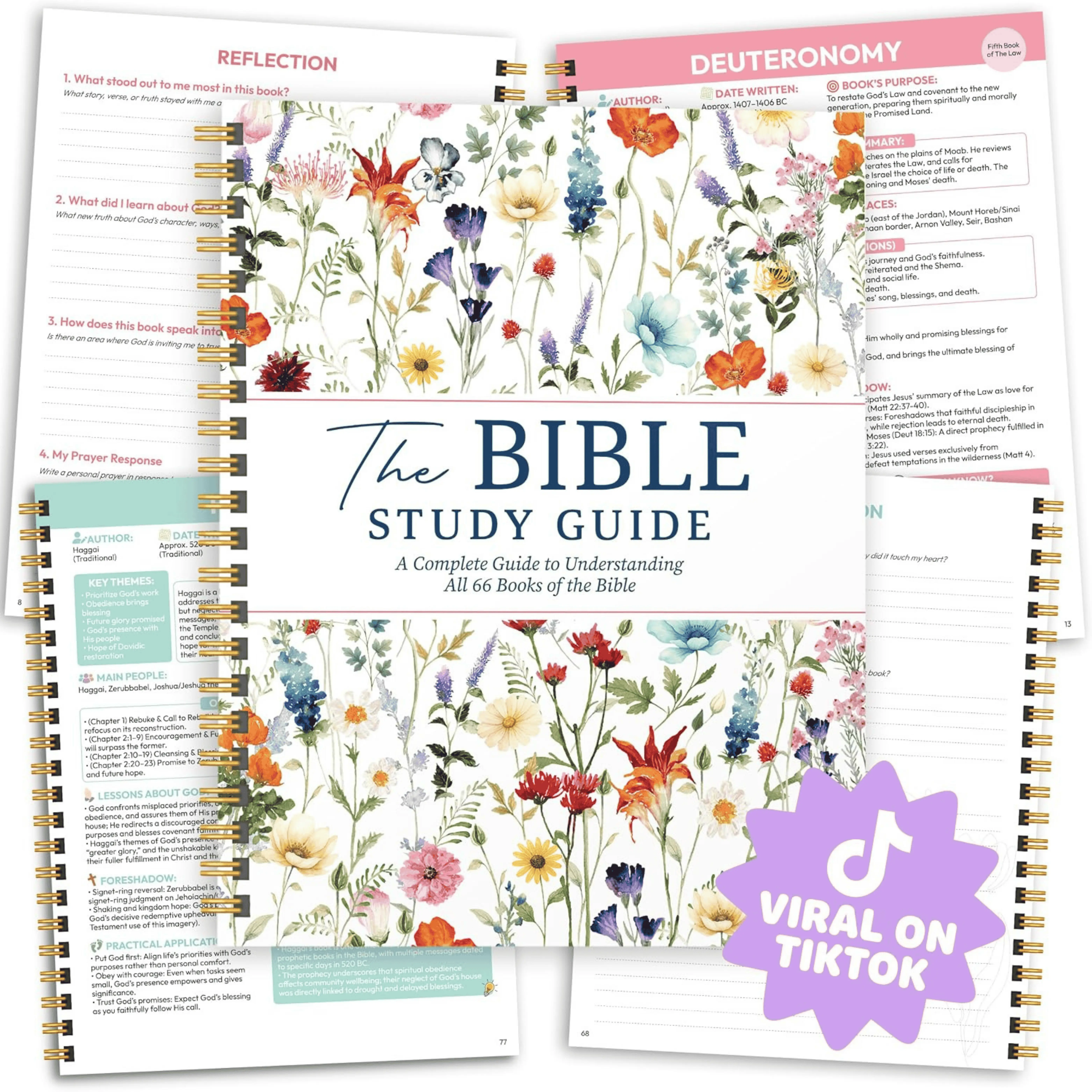 Floral Bible Study Guide for Women, Spiral Journaling Bible, Beginner-Friendly Christian Devotional Journal, Easy to Understand Study of All 66 Books with Life Application, Christian Gifts for Women