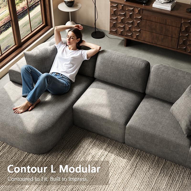 [New Year Deals] 107'' Modular Sectional Boneless Sofa Couch with Chaise, No Assembly Required, Modern Woven-Textured Upholstery, Convertible L-Shaped Design for Living Room,Christmas Gifts for the Whole Family: Husband & Wife, Mom & Dad