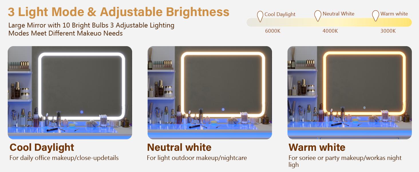 CollaredEagle LED Lighted Makeup Vanity with Mirror & Storage Drawers for Bathroom & Bedroom White Finish with Charging Station & Adjustable Lighting