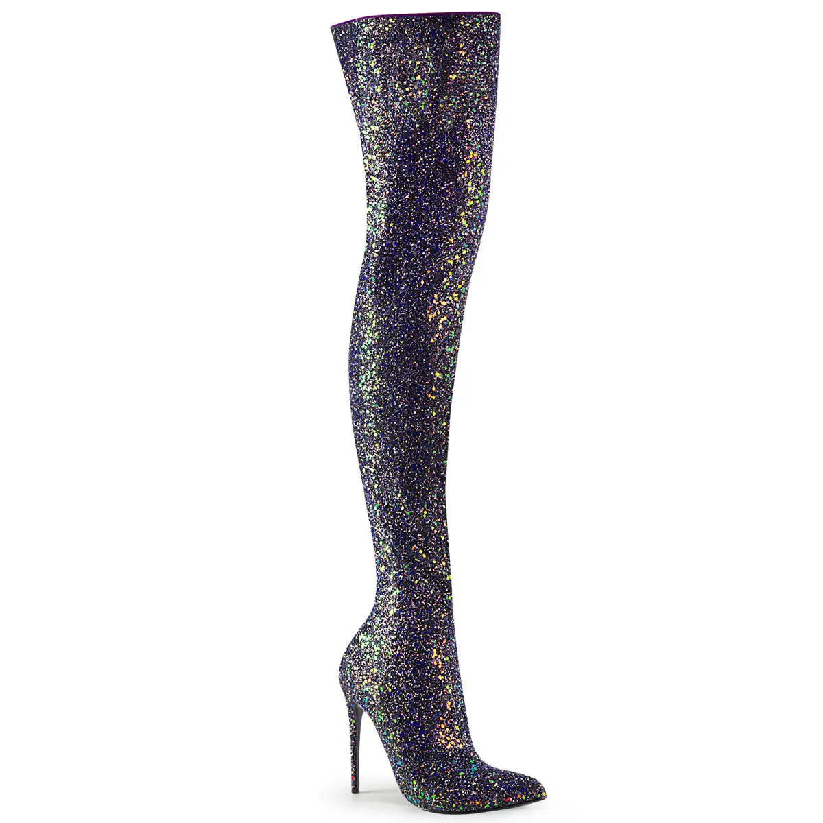 Pleaser Courtly-3015 Women's Thigh-High Boots with Glitter Finish, Glamour Statement Footwear with 5" Stiletto High Heel and Partial Zip, Elegant, Slip On