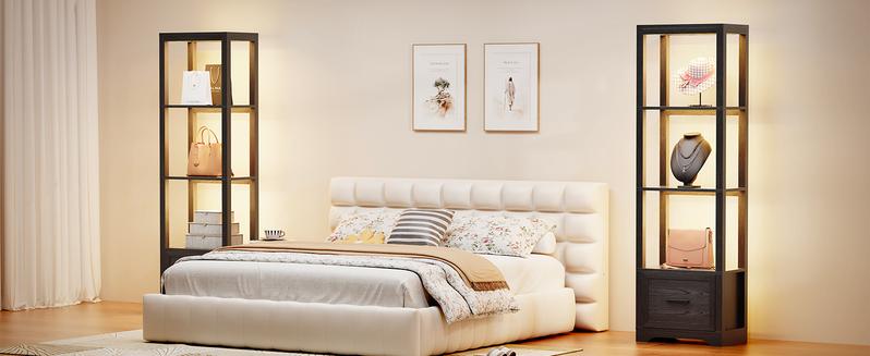 BROTTAR Display Shelf with 3 Color Lights, Curio Cabinet for Collectibles with Drawer, Display Case with Human Body Sensor, Black