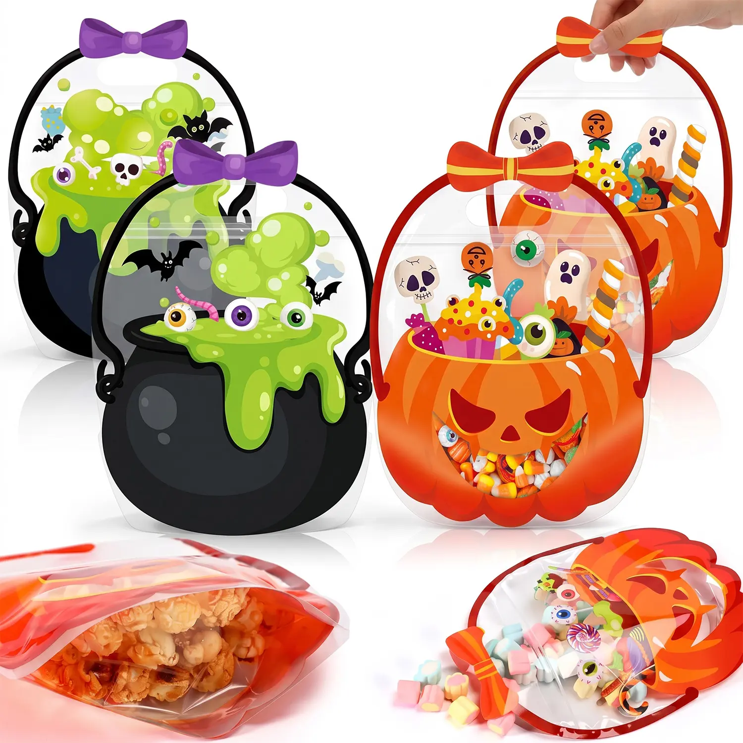 24PCS/12PCS Halloween Goodie Bags Plastic Candy Bag Trick or Treat Bags with Cauldron Skeleton black Cat Skull Pumpkin Design, Treat Bags for Children Neighbors, Classroom Snack Storage for Halloween Birthday Party Favor Supplies