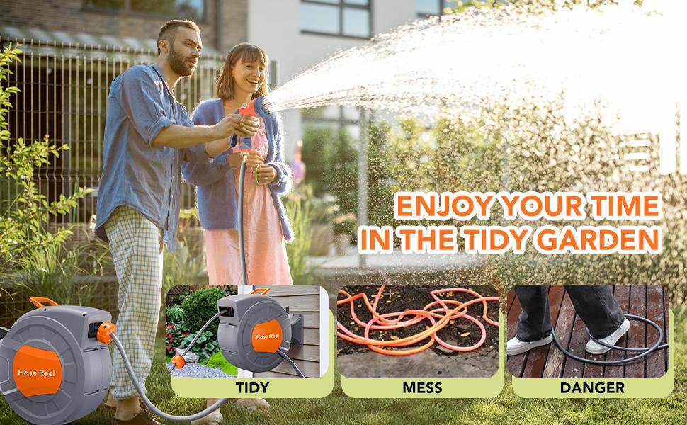 GARVEE Garden Hose Reel, 1/2 in x 100 ft Wall Mounted Retractable Water Hose Reel with 9 Function Sprayer Nozzle, Any Length Lock, 180° Swivel Bracket, Automatic Rewind and Slow Return System GARVEE Garden Hose Reel, 1/2 in x 100 ft Wall Mounted Retractable Water Hose Reel with 9 Function Sprayer Nozzle, Any Length Lock, 180° Swivel Bracket, Automatic Rewind and Slow Return System