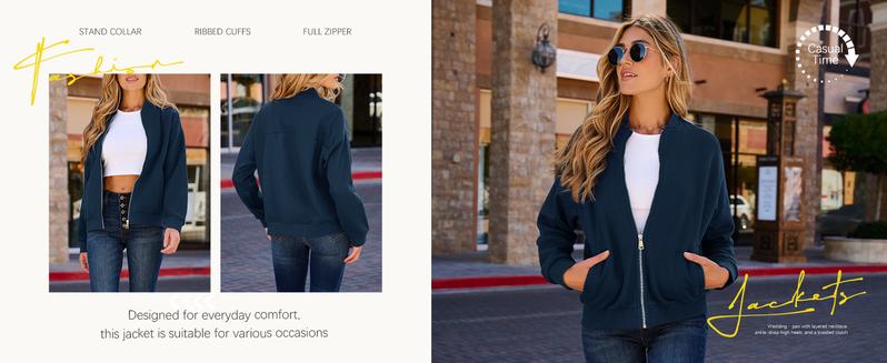 Fisoew Womens Zip Up Sweatshirts Jackets Long Sleeve Casual Loose Outwear with Pockets Outerwear Coats Crew Neck Full Zip-Up Design Clothes Womenswear