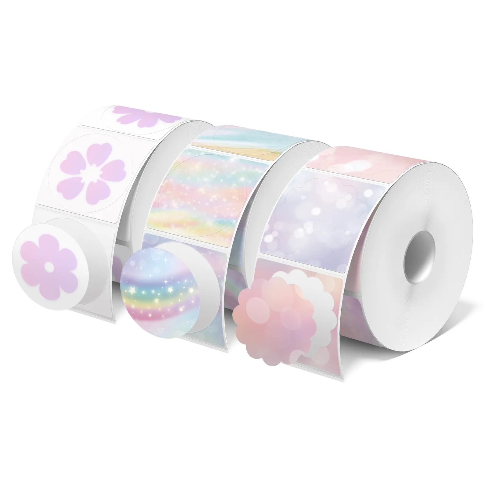 JADENS 2-Inch Round Circle Shape Direct Thermal Stickers, Eco-Friendly BPA-Free Self-Adhesive Waterproof Labels, 3-Color Set (Rainbow, Floral, Bubble) 750 Sheets/Roll 3-Roll Pack for Business Use, Compatible with Jadens, Asprink Printers, Includes Sticker
