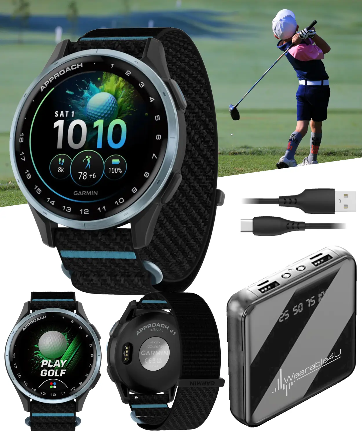 Garmin Approach J1 Junior Smart Watch with GPS, Bright Colorful Display, Tee-Off Guidance, Timer, Touchscreen, Charging Functionality, Essential Learning & Improving Features | Wearable4U Bundle for Smart Wearable Devices