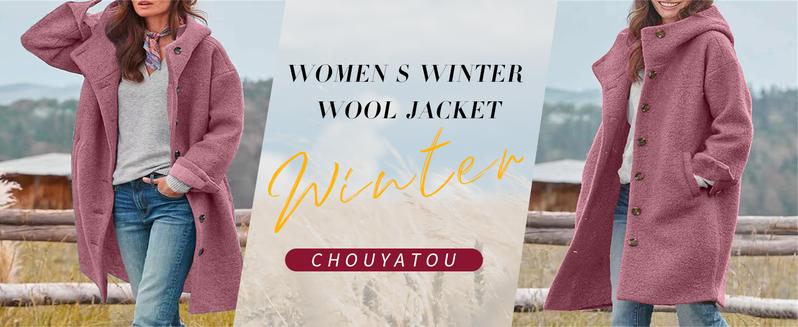 Chouyatou Women's Winter Single-Breasted Wool Coat Casual Wool Blend Hooded Long Trench Jacket