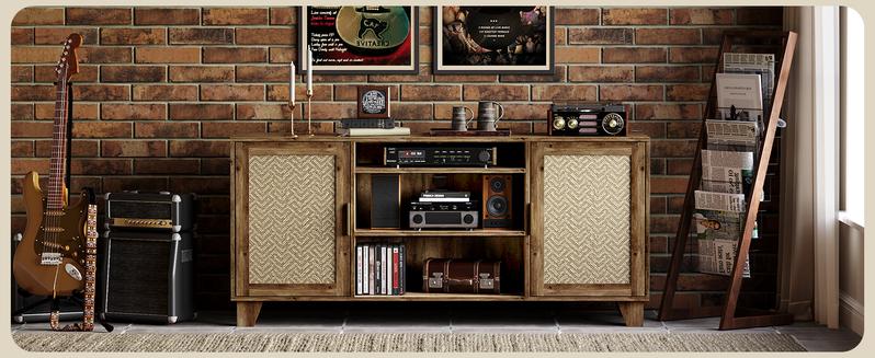 【Valentine's Day gift】ONBRILL TV Stand for 65 Inch TVs, Boho TV Consoles Cabinet with Power Outlet, Modern Entertainment Center for Living Room, Media Console with Doors and Shelves, 2 Cable Management Holes