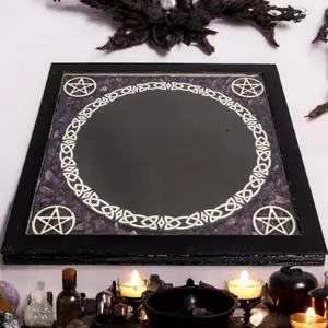 Pentacle Glass Scrying Mirror with Amethyst Crystal Chips – 6" Divination Tool