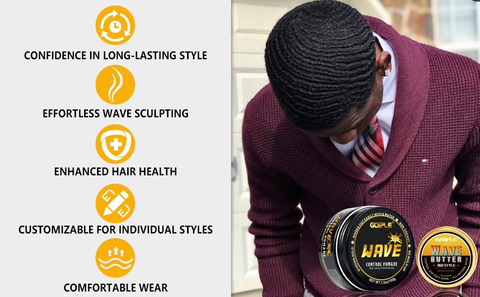 Strong Hold Wave Pomade for Men, 360 WaveTraining Hair Cream Grease Promotes Layered Waves, Silky Shine, Non-Toxic,  High Performance， Brush and Durag Cap Set ，Valentine’s Day Gift for Men