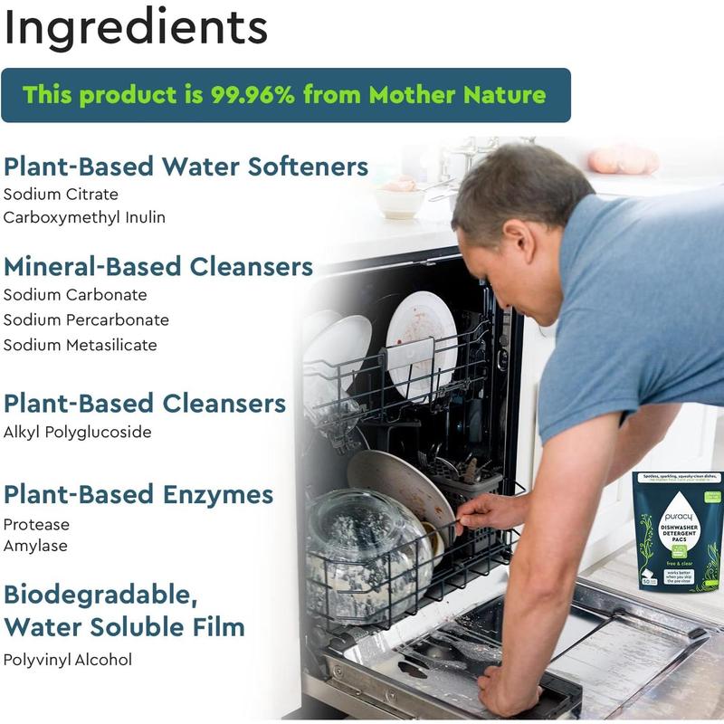 Puracy Natural-Based Dishwasher Detergent Cleaner Tablets, Suitable for Your Home (Free & Clear, 50 Count)
