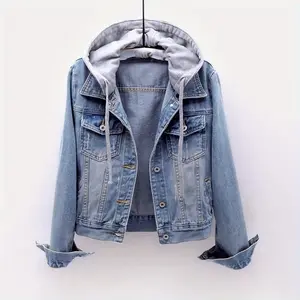 Women's Casual Denim Jacket, Long-sleeved Hooded Short Denim Coat with a detachable hood, suitable for spring and autumn as well as any occasion.