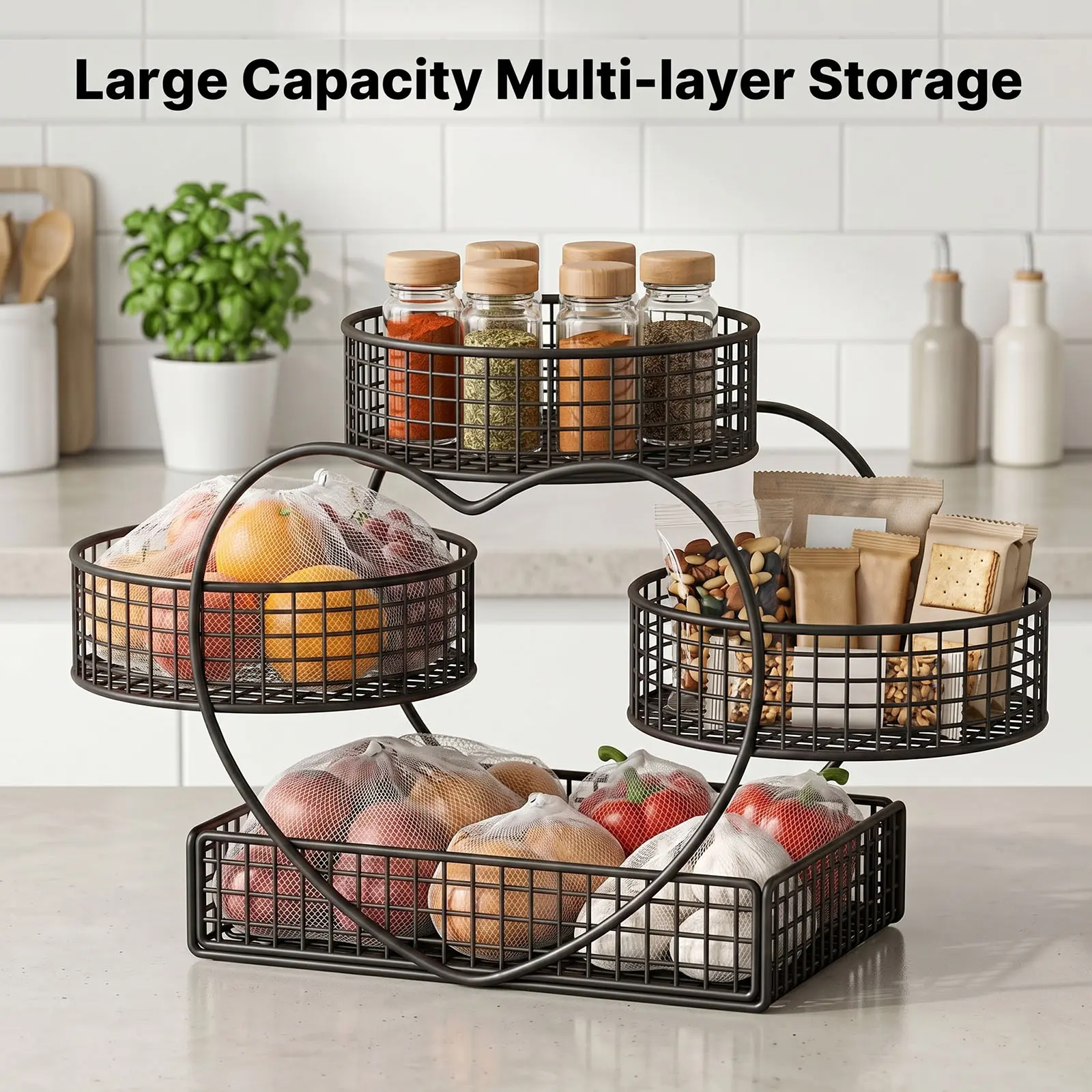 3-Tier Hollow Minimalist Heart-Shaped Metal Household Storage Organizer - No Assembly Required, Decorative Fruit Basket for Kitchen Countertop, Home Decor Items for Snacks/Kitchen Decor, Decoration Gift