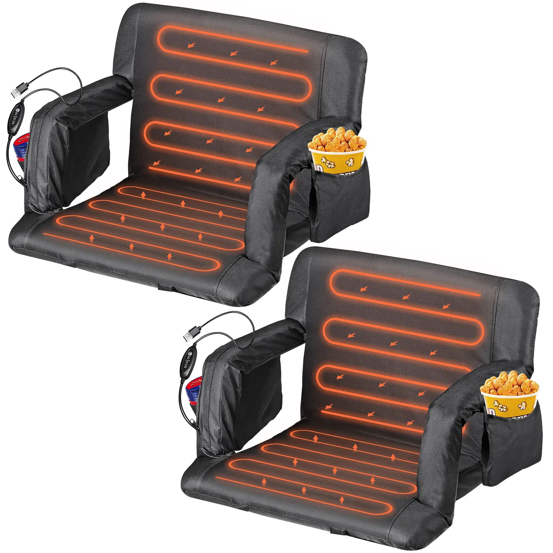 Zeny 2-Pack Heated Stadium Seats, Waterproof & Padded Folding Bleacher Cushion with Adjustable Back, 3 Heat Levels & Cup Holders, Steel Frame, Phone Pocket, Usb Power Supply, Pvc, Concerts, Lightweight Foldable Chairs, Compact Fold, Folding Chairs