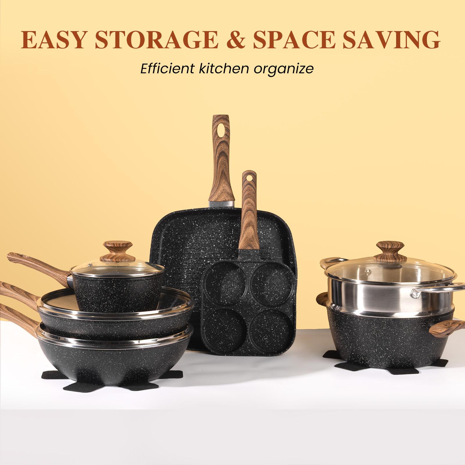 17-Piece Black Granite Cookware Set with Nonstick Coating & Removable Handle Induction Compatible PFOS/PFOA Free Ultra-Durable Lightweight Design for Easy Storage Space Saving CookingEssentials HomeKitchen