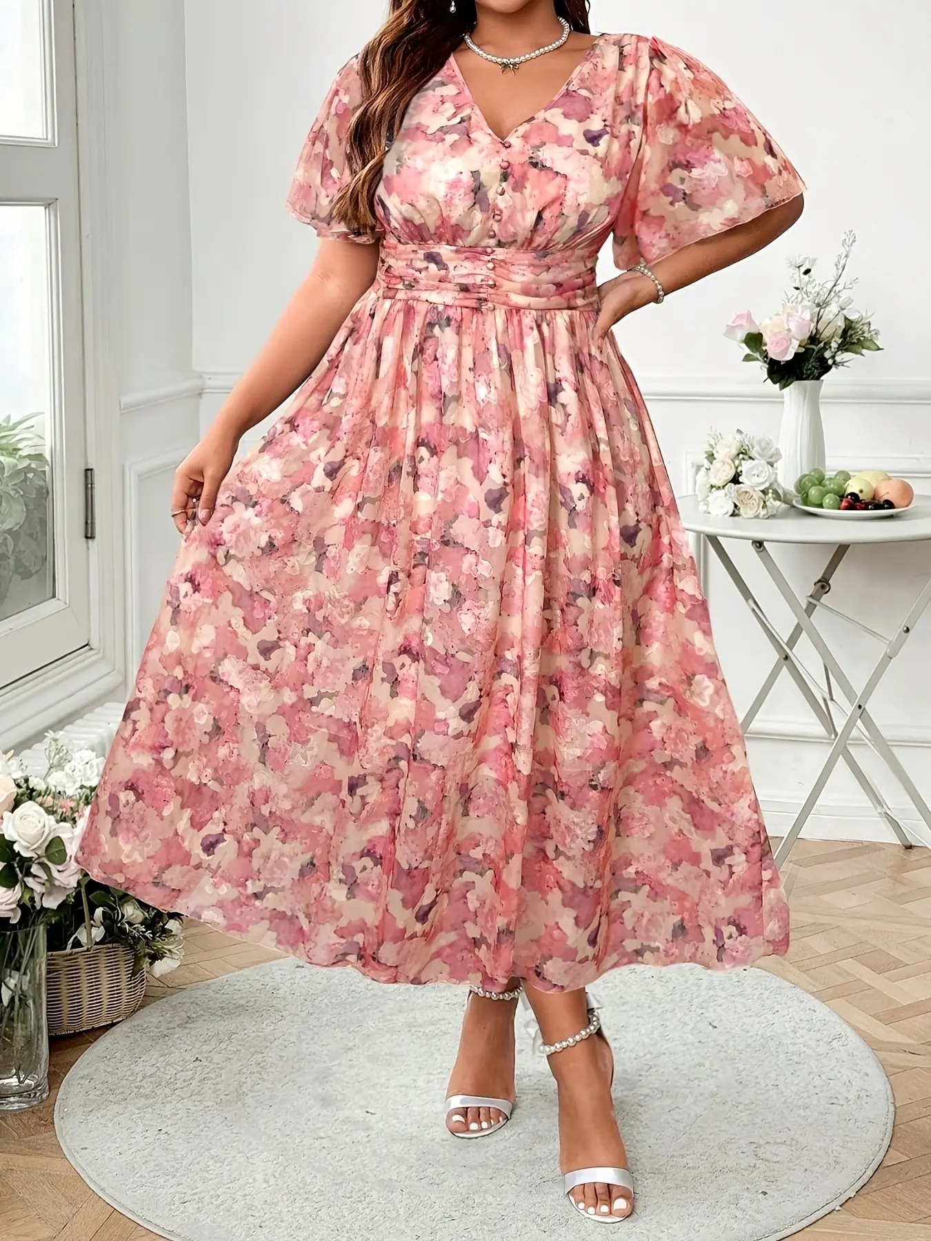 Women's Plus Size Spring & Summer Fashionable Casual Elegant Lightweight Flowy Chiffon Floral Print Dress, Stylish and Comfortable, Ideal for Daily Wear