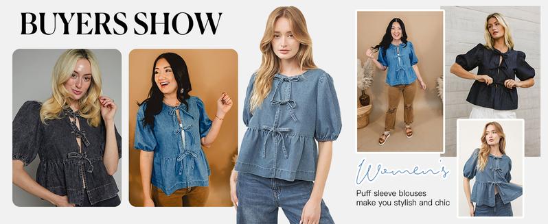 【New】Tankaneo Denim Baby doll Top with Puff Sleeves & Bow Tie Front Blouse for Women Casual Summer cowgirlstyle country concert outfits