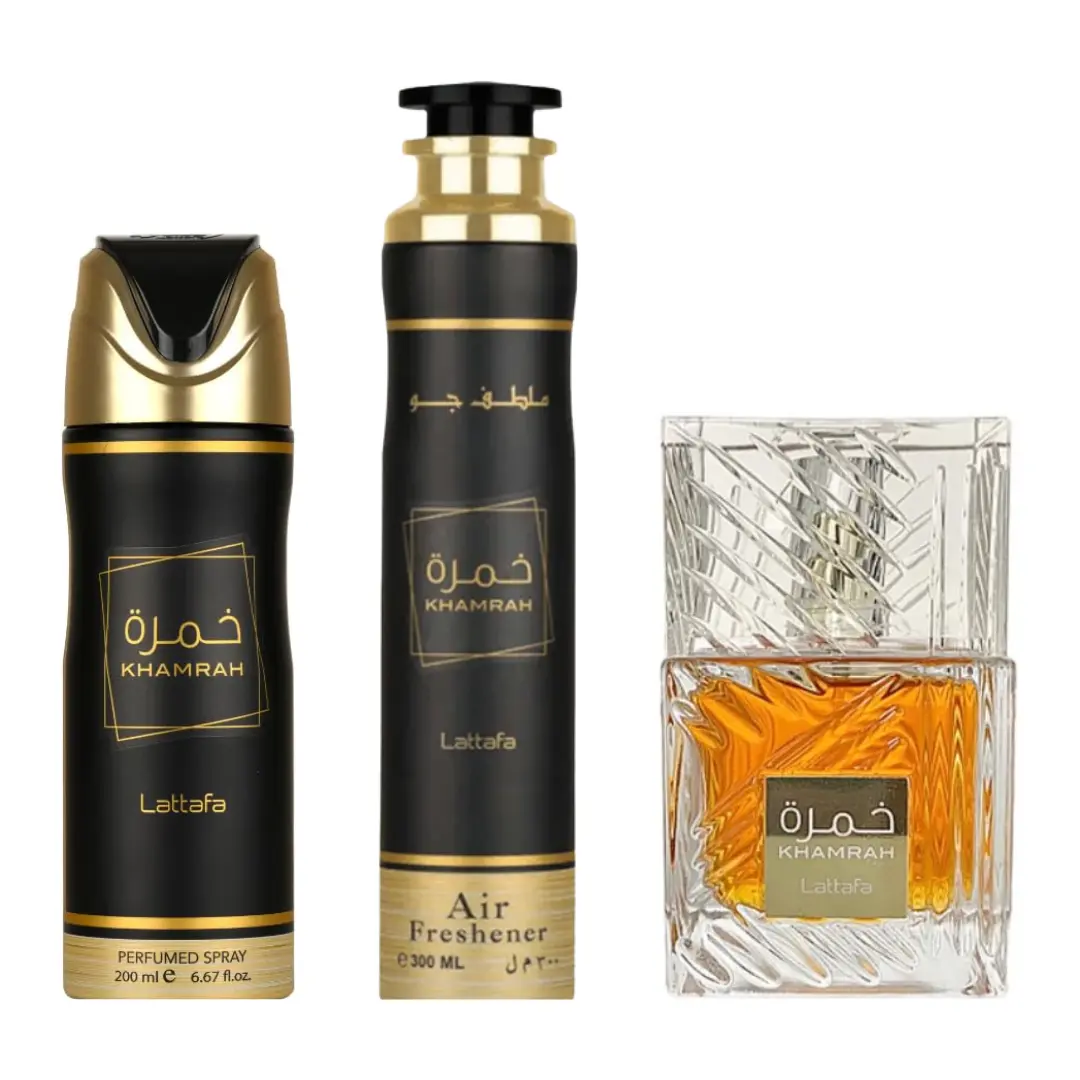 KHAMRAH Perfume (3.40z) + Khamrah Deodorant (6.67oz) + Khamrah Air Freshener (10.0 oz) from lattafa Perfumes (unisex), Amber Vanilla, Bergamot Top