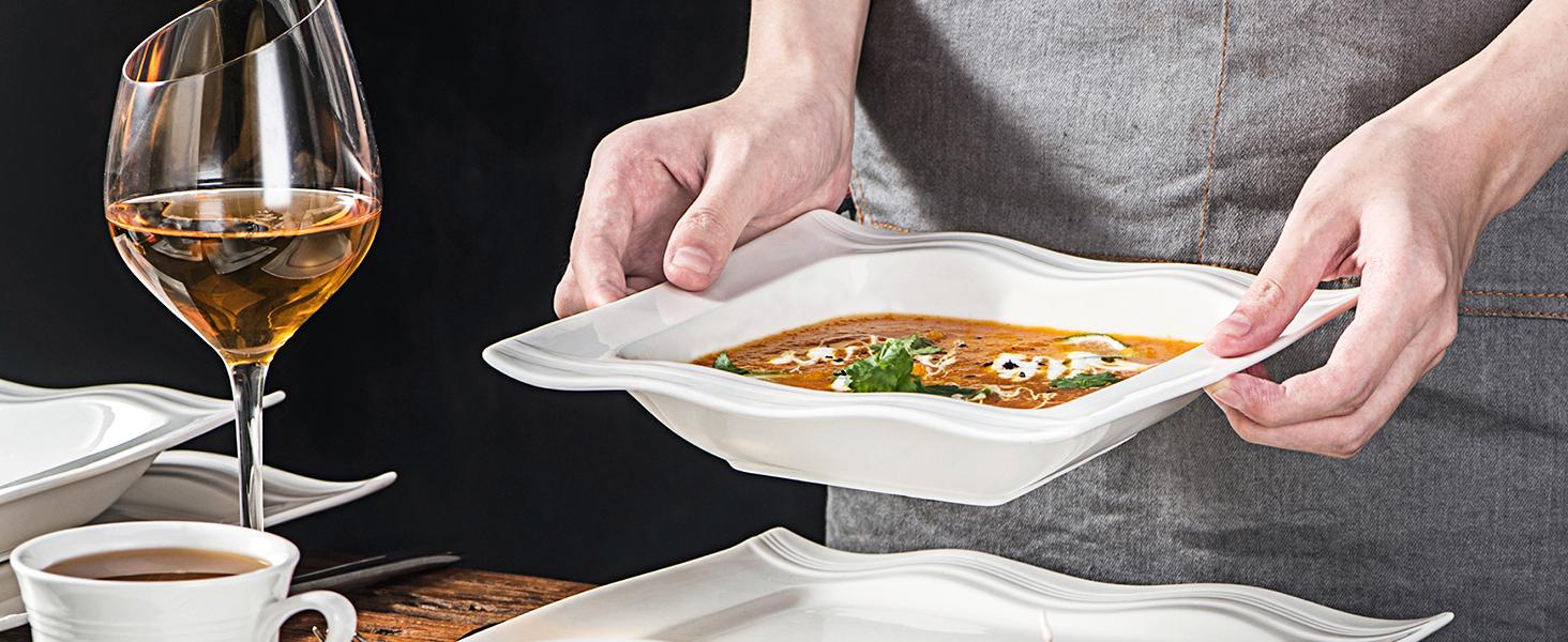 MALACASA 28/30 Pieces Ivory White Dinnerware Sets,  Porcelain Square Plates and Bowls Sets for 6, Ceramic Dishware Set, Series Mario modern design Winter Holiday