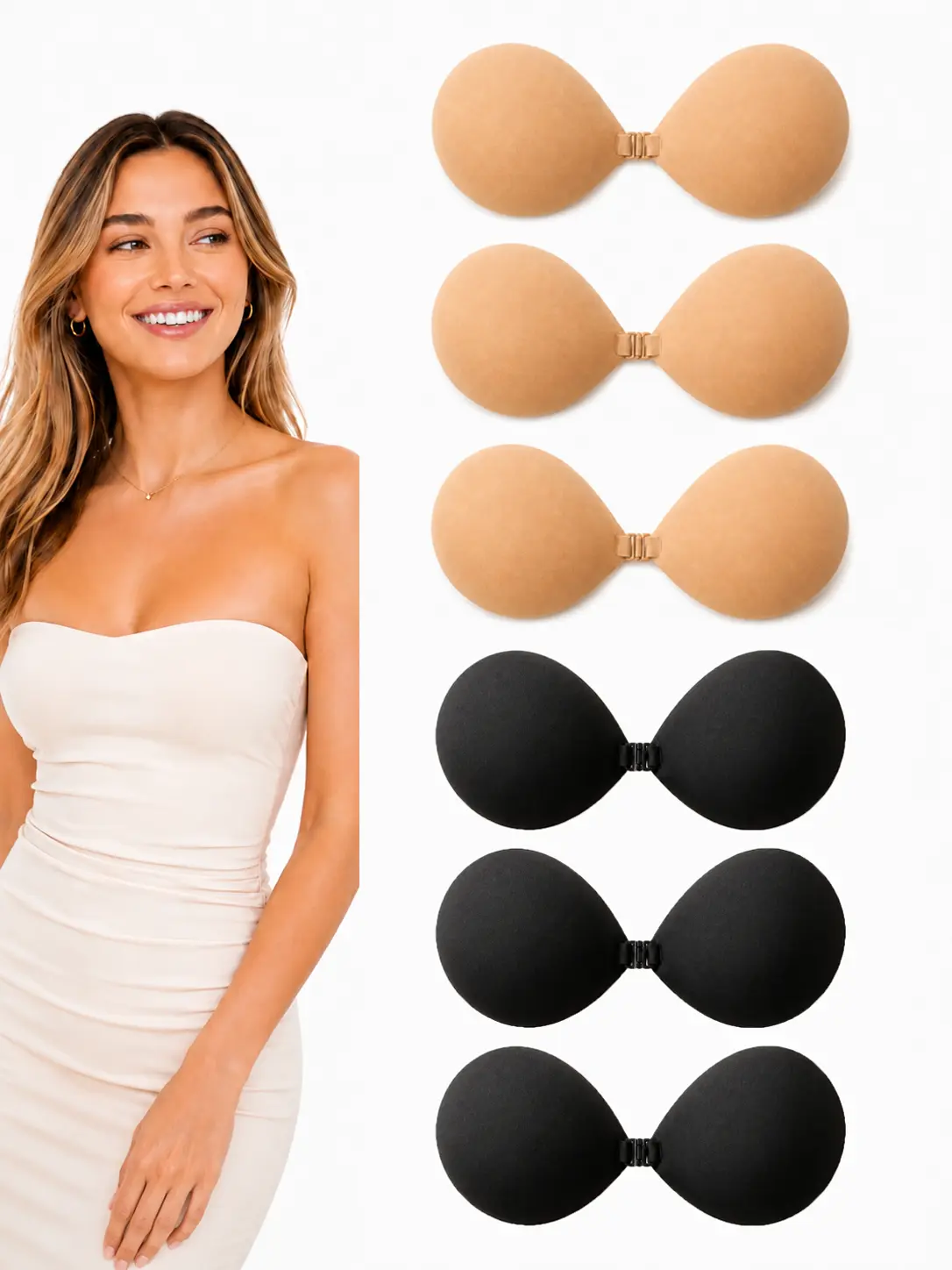 Women's Strapless Sticky Push-Up Bra - Smooth, Soft, Comfortable Seamless Invisible Adhesive Bra for Bridal, Deep V Low Cut Dresses, Everyday Backless/Off-Shoulder Outfits, Reusable
