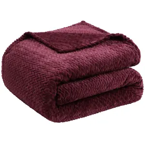 PiccoCasa Flannel Fleece Blanket Twin Size, Soft Microfiber Couch Sofa Throw, Jacquard Weave Pattern Fuzzy Plush Lightweight Decor Blankets for Sofa Bed, 59 x 78 Inches Dark Maroon