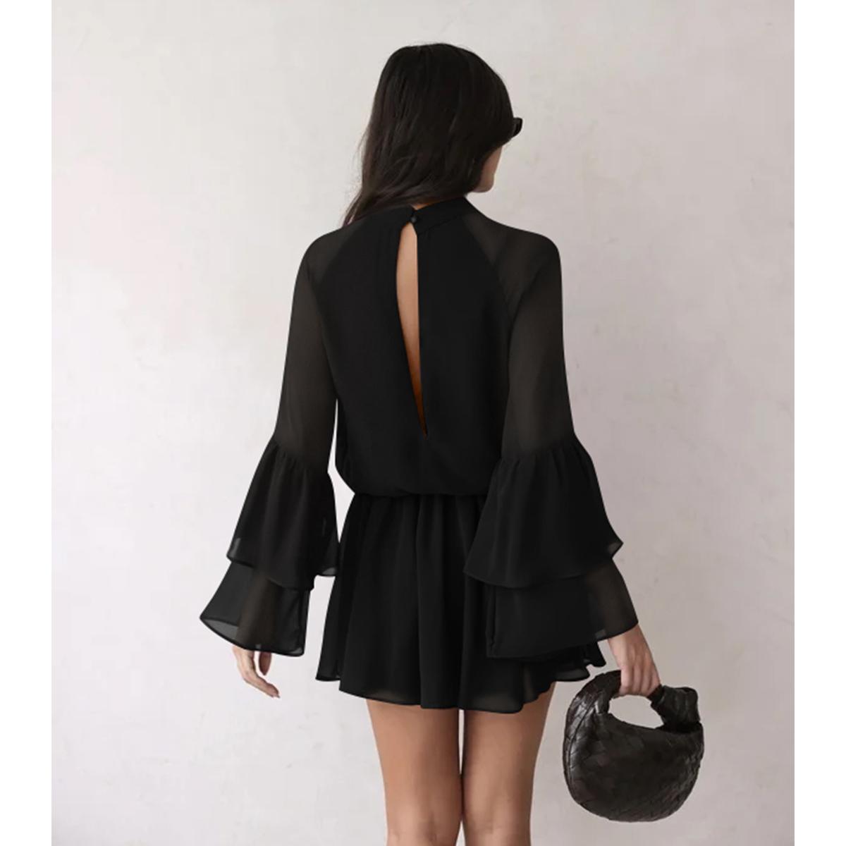 HYZ Women's Flowy Chiffon Half Sleeve Dress with Ruffled Bell Sleeves Back Cutout High Neck Casual Party Mini Dress