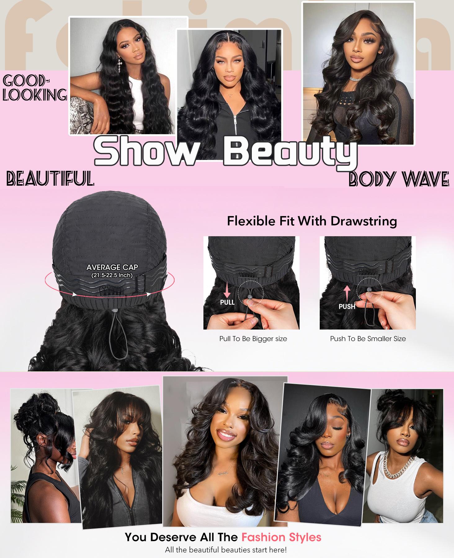 [Drawstring Glueless Wig] Bling Hair Body Wave 13x6 Drawstring Glueless Wigs Human Hair Pre Plucked Pre Cut 180% Density 13x4 Transparent Lace Front Wig Human Hair Wear and Go Glueless Wigs for Black Women Natural Color