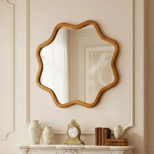 ZIYOO 28” Star Shaped Wall Mirror | Scalloped Wood Frame Boho Accent Mirror | Natural Wood Grain Decorative Mirror for Bathroom, Bedroom, Entryway, Living Room | Vintage Farmhouse Wall Decor