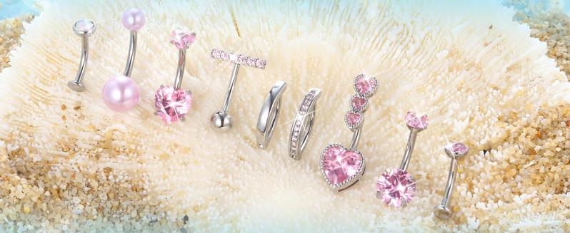 ORAZIO Gold Belly Button Ring Pack - 9Pcs Hypoallergenic Surgical Steel CZ Opal Pearl Clicker Floating Navel Piercing Jewelry for Women Comfortable 14G Bar Length