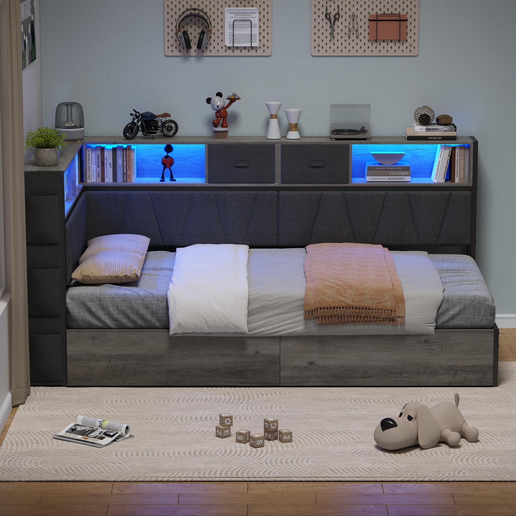 CollaredEagle Twin XL Corner Bed Frame with Storage Bookcase, Kids Bed Unit with Charging Station and LED Light, Twin Size Platform Beds with Storage and Charging Station, with 2 Underneath Drawers CollaredEagle Twin XL Corner Bed Frame with Storage Bookcase, Kids Bed Unit with Charging Station and LED Light, Twin Size Platform Beds with Storage and Charging Station, with 2 Underneath Drawers