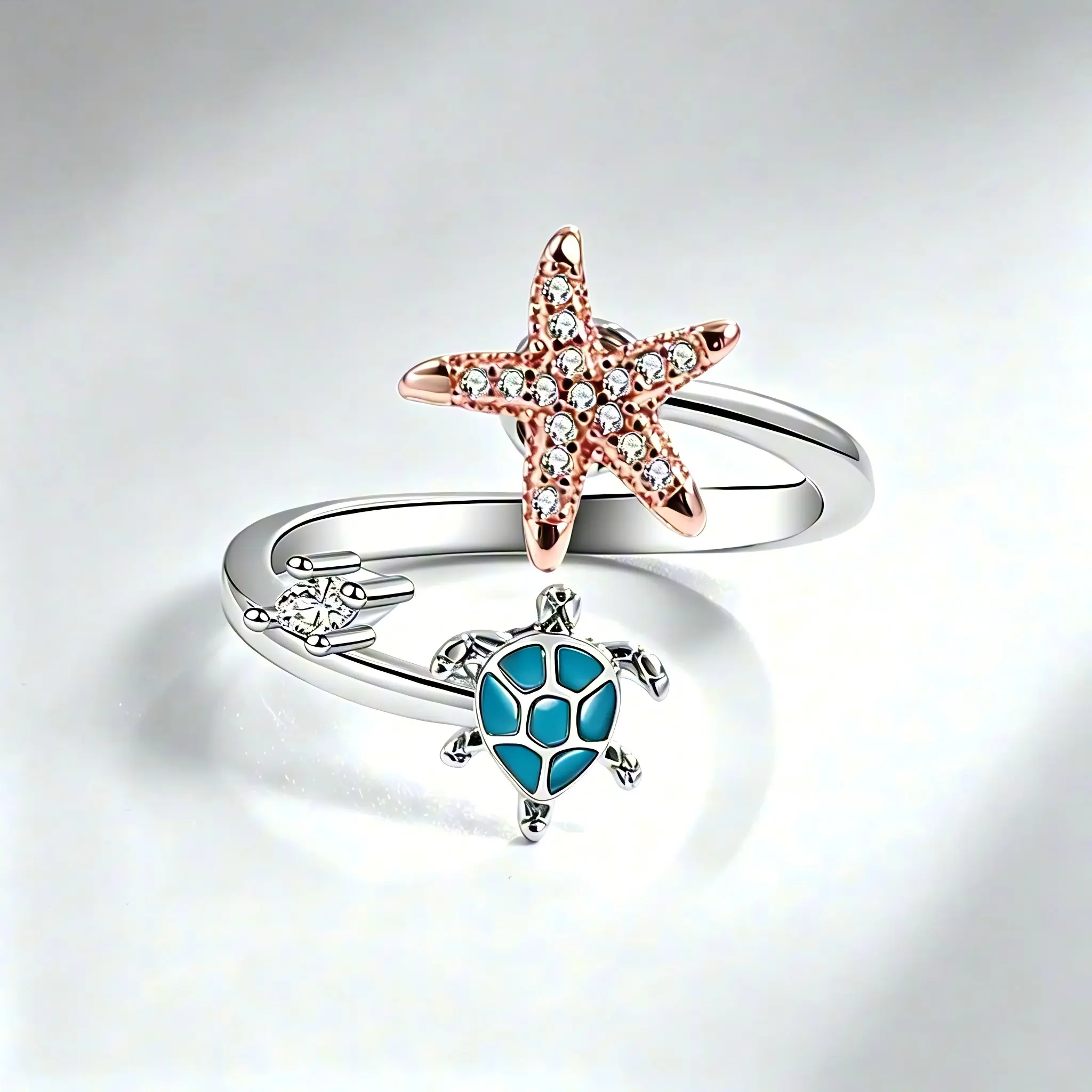 New Women's Adjustable Starfish Fingertip Spinning Ring - Turtle and Starfish Design, Rotatable Adjustable Fashion Jewelry Gift, Fingertip Spinning Ring, Great Gift and Accessory