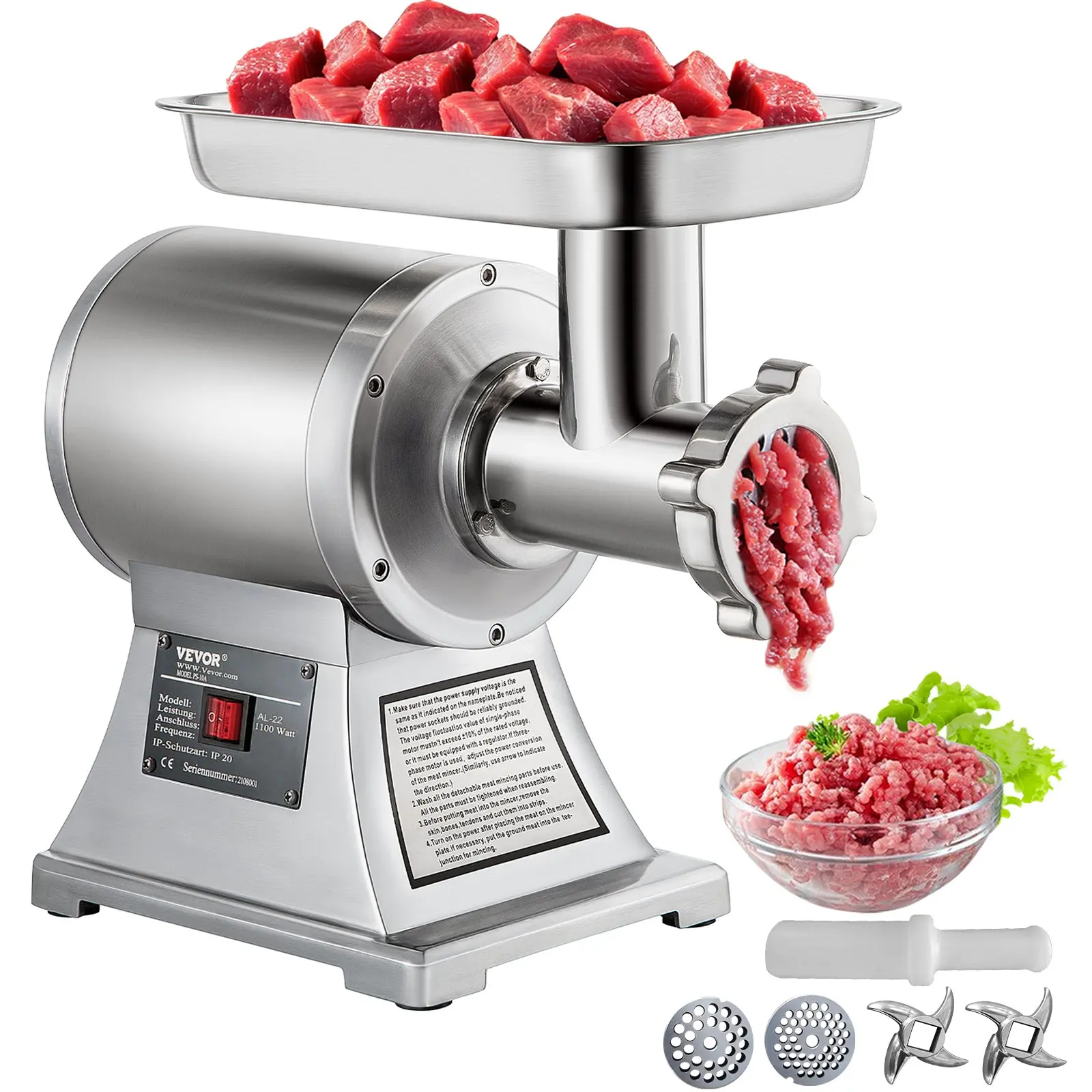 【summerfinds】VEVOR Commercial Meat Grinder, 550LB/h 1100W Electric Meat Grinder, 220 RPM Heavy Duty Stainless Steel Industrial Meat Mincer w/2 Blades, Grinding Plates & Stuffing Tubes,home essentials