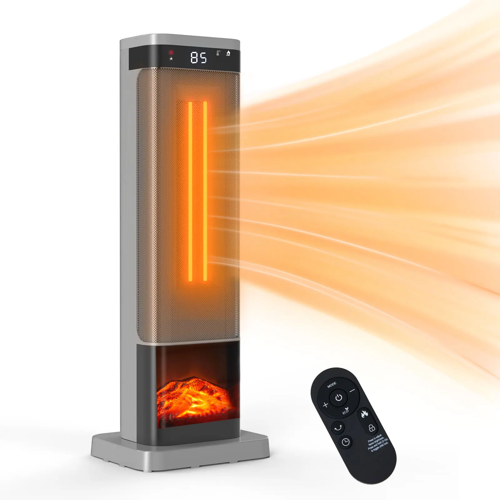 Sweetcrispy 23-Inch Portable Indoor Space Heater, with Remote, Thermostat, 7 Light Modes, 70° Room Spread, 12H Timer, Up to 95°F, Quiet Warm Flow, Tip-Over Protection