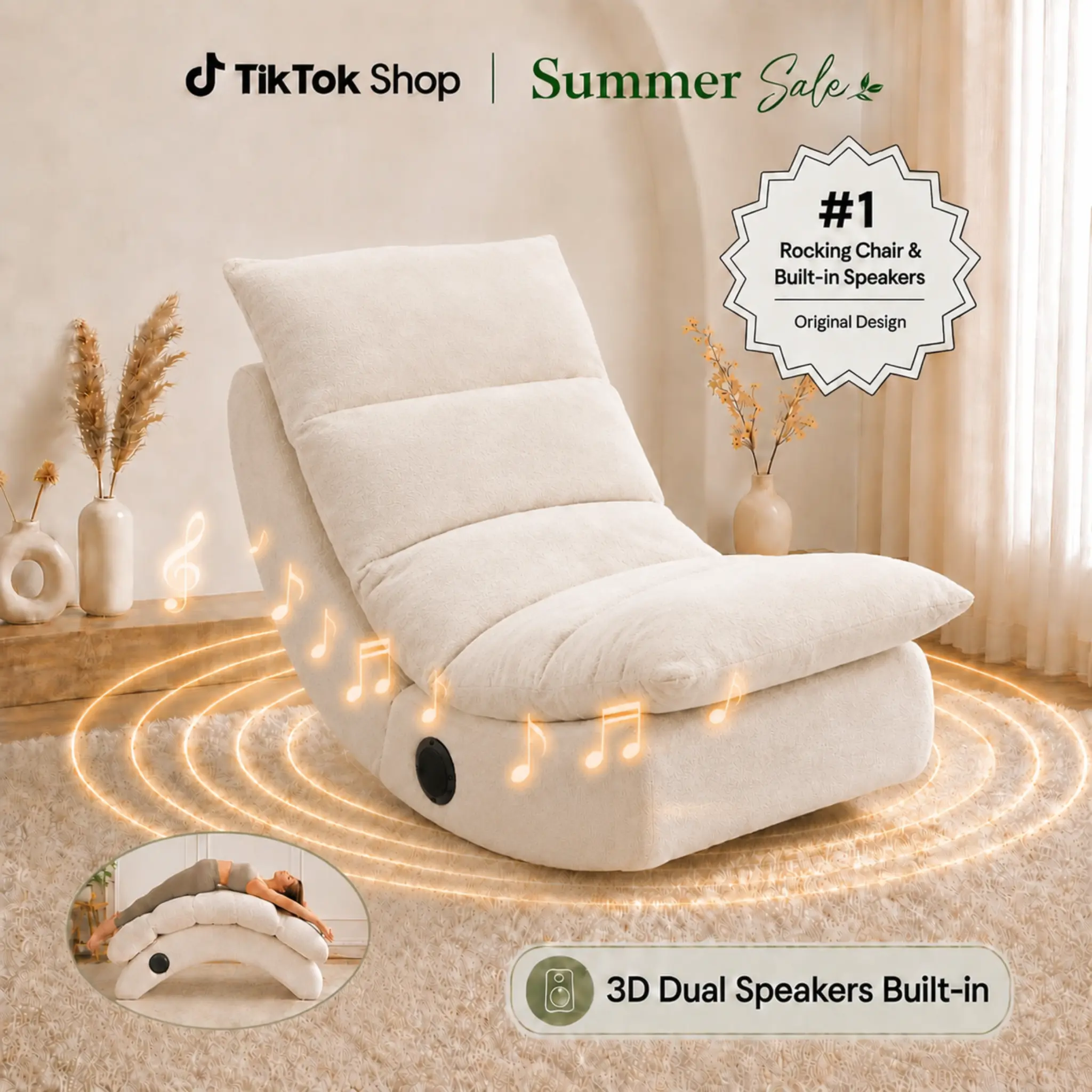 [Music Chair] Chenille Fabric 1-Person Recliner Rocking Chair - Ergonomic Yoga Chair for Adults, Zero Gravity Chair, Skin-Friendly, Good Rebound, Space-Saving, Easy to Move, Living Room Furniture with Built-in Speakers, Supportive Sitting
