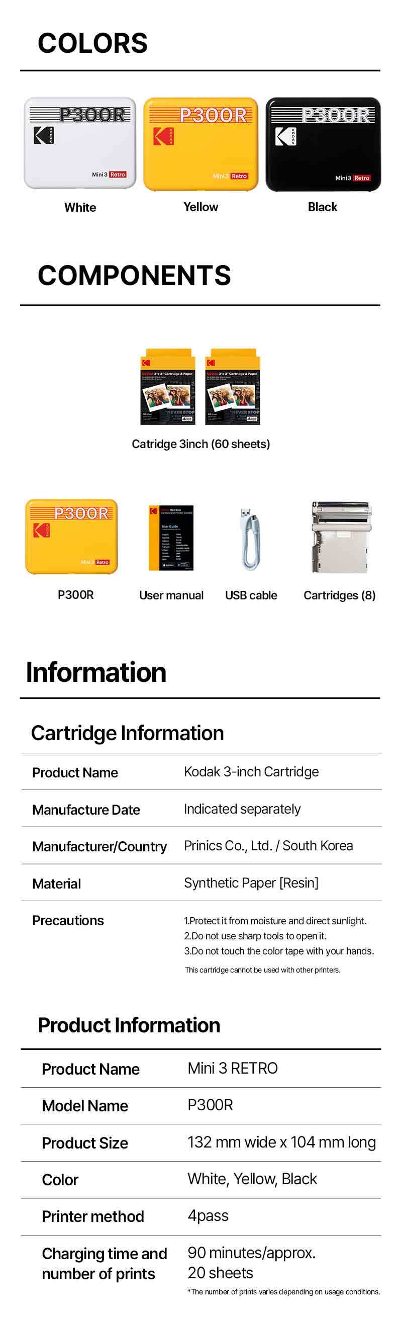 KODAK Mini 3 Retro 4PASS Portable Photo Printer (3x3 inches) 38 sheets Bundle