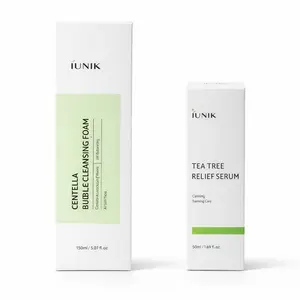 iUNIK Centella Cleansing Foam + Tea Tree Relief Serum Set | Korean Care Routine | Soothing & Redness Repair Skincare Cleanser Gentle Facial Sensitive